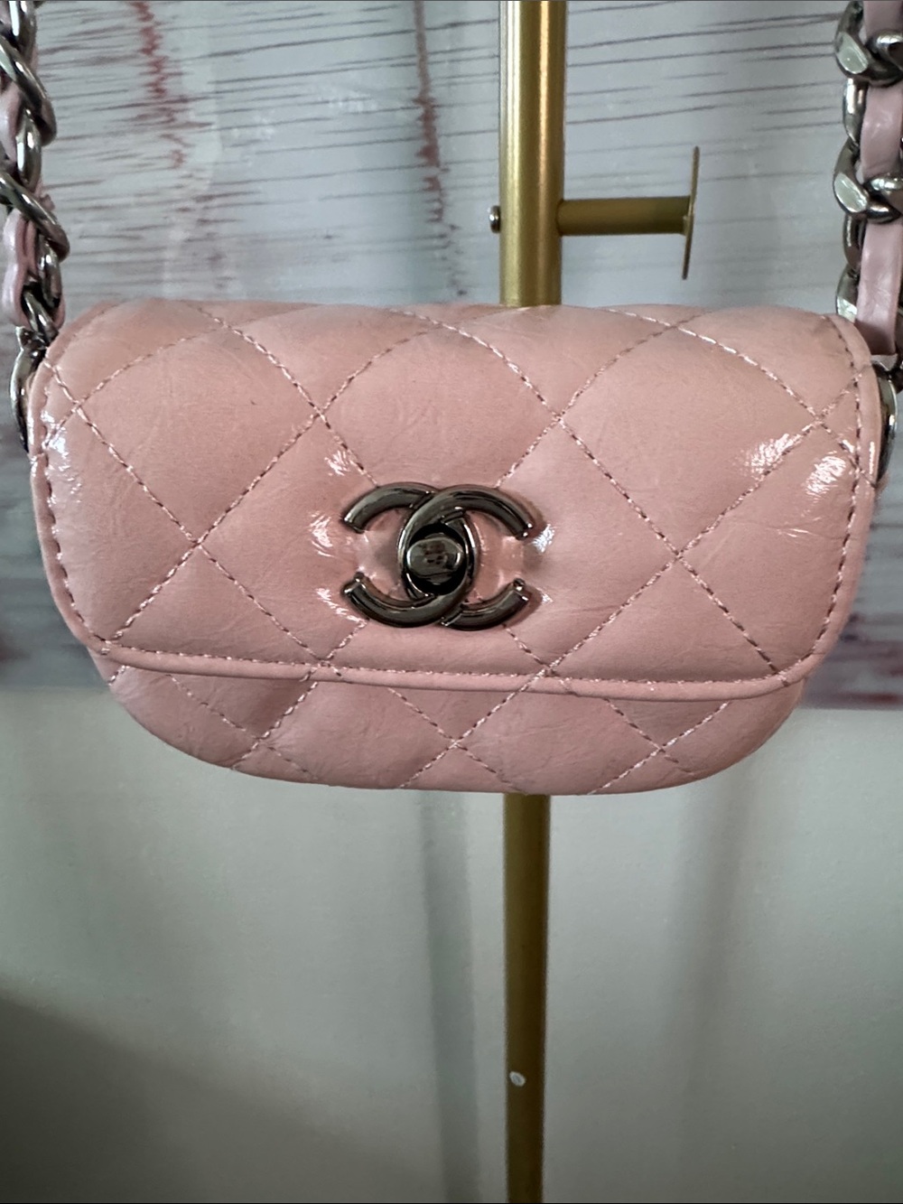 Pink Quilted Mini Crossbody Bag with Chain Strap - Picture 2 of 10